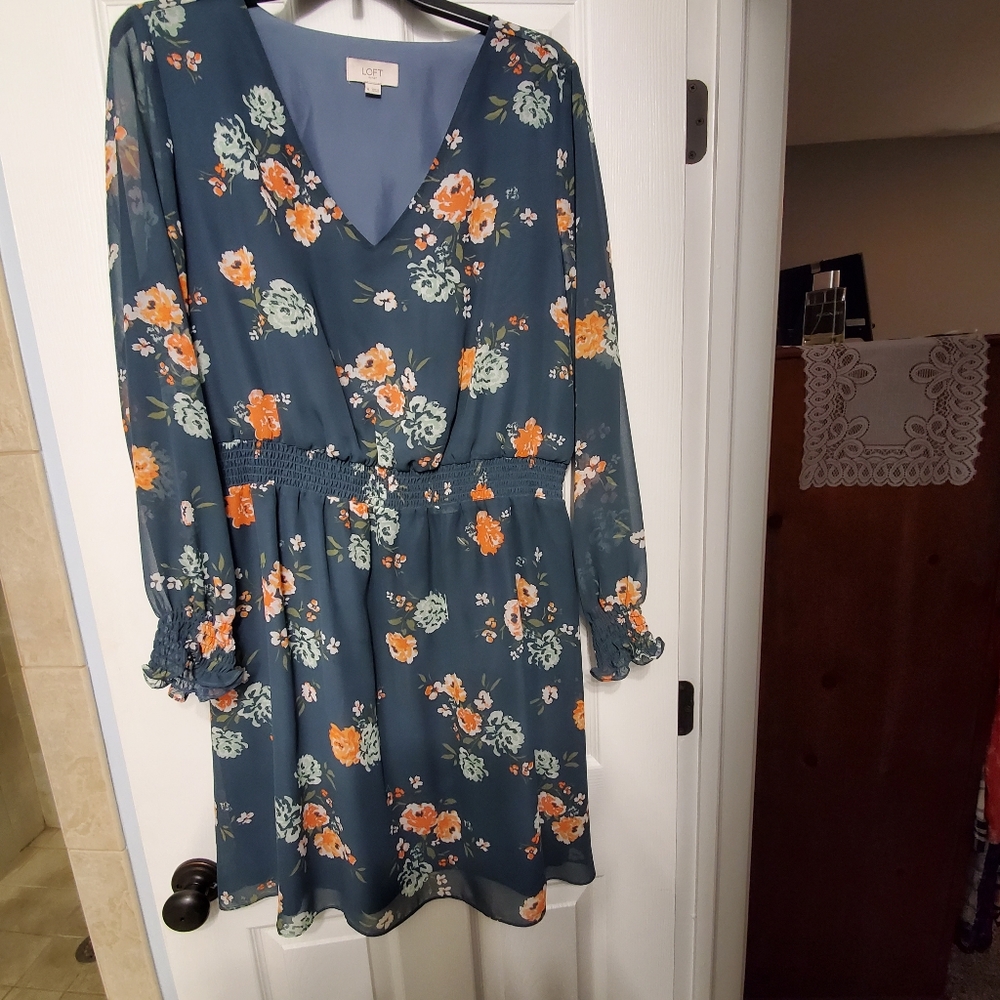 Loft Gray/Orange Floral Print Dress, Size XL